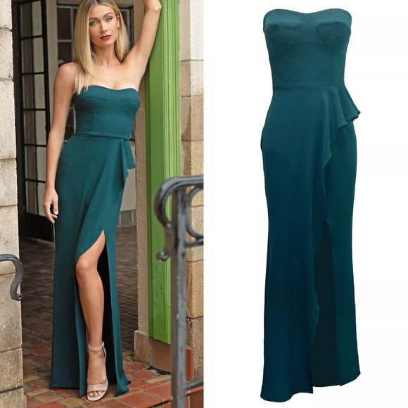 NEW DRESS THE POPULATION Pine Green KAI Bustier RUFFLE Crepe STRAPLESS GOWN XL - Picture 1 of 12